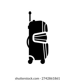 Minimalist black and white image of a stylish luggage suitcase adorned with a striped ribbon, perfect for travel, business, or vacation themes with clean lighting.