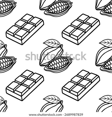 A minimalist black and white isometric vector pattern featuring stylized cocoa pods and chocolate bars, ideal for backgrounds and textures.