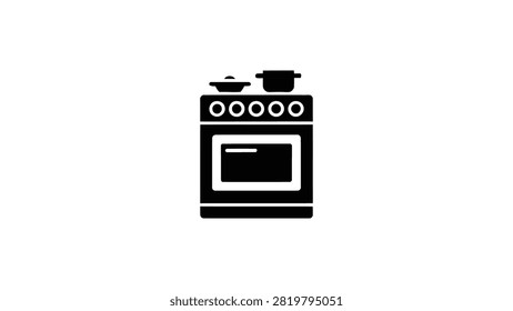 Minimalist black and white kitchen stove icon with four burners, cooking pots, and oven door, simple household appliance symbol for cooking, baking, food preparation, and domestic chores concepts