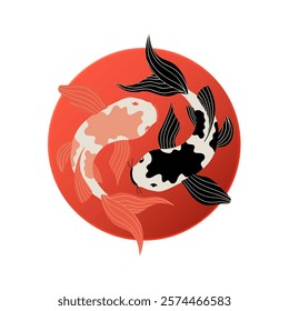 A minimalist black and white koi fish design set against a vibrant red circle, symbolizing balance and harmony