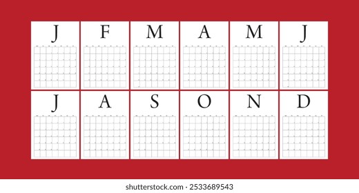 Minimalist black and white layout for the year 2024 with minimal decoration. Monthly format. Functional layout. Timeless aesthetic.