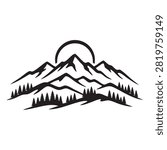A minimalist black and white line art illustration featuring a majestic mountain range with a rising sun and a dense pine forest in the foreground, isolated on white.