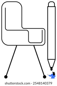 A minimalist black and white line art of an office chair next to a large pen while a tiny person appears beside the pen. Ideal for office decor working from home stationery themes abstract art design