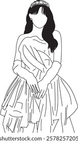 Minimalist black and white line art of a woman wearing a stylish gown and a tiara, showcasing elegance and simplicity.