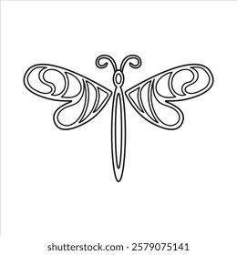 Minimalist black and white line art of a dragonfly with decorative wing details. Perfect for coloring pages, tattoos, logos, or nature-inspired designs