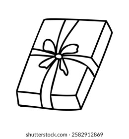 Minimalist black and white line art illustration of a gift box with a ribbon and bow. Perfect for designs related to celebrations, holidays, and gift-giving occasions