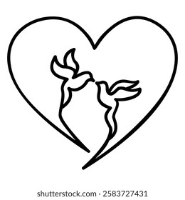 Minimalist Black and White Line Art of Two Birds Within a Heart Outline Symbolizing Love