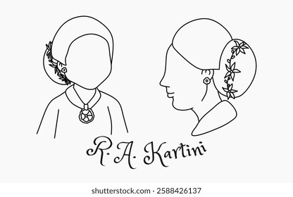 A minimalist black and white line art illustration of Raden Ajeng Kartini, an Indonesian national hero. Suitable for historical, cultural, and educational projects.