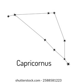 Minimalist black and white line art of the Capricornus constellation. Perfect for astrology, astronomy, zodiac lovers, and celestial-themed designs. Ideal for tattoos, and educational materials.