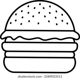 "Minimalist black and white line art of a hamburger with sesame seeds. Simple and clean fast food illustration, perfect for menus, icons, and food-related designs.