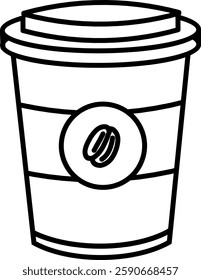 Minimalist black and white line art of a takeaway coffee cup with a lid and a sleeve featuring a coffee bean emblem. Bold, clean lines give it a modern, stylish look, perfect for cafes and digital use