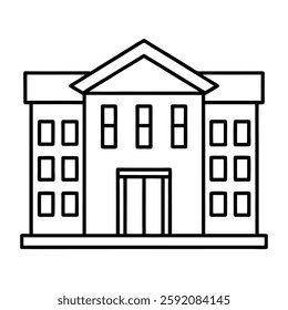 A minimalist black and white line art vector of a symmetrical institutional building with a triangular pediment and multiple windows. Ideal for educational materials, architectural diagrams, and urban