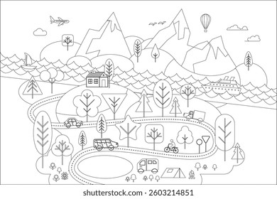 Minimalist black and white line art of scenic landscape with mountains, trees, a road, cars, bicycle, house, river,  ship, airplane, and hot air balloon. Travel, nature, rural.