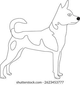 Ilustração minimalista em preto e branco de um cão. Estilo limpo, desenhado à mão com linhas simples e elegantes, perfeito para uso em design , gráficos com tema de animais de estimação e mercadorias.