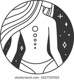 Minimalist black and white line art of female body with long hair and universe tattoo, framed in a circle, representing spirituality, astrology, and modern design