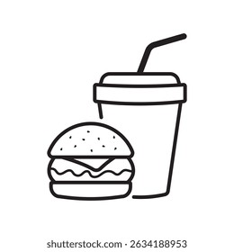 Linha preta e branca minimalista de um cheeseburger e refrigerante com uma palha, ideal para marca de fast food ou menus digitais.