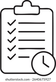 A minimalist black and white line art icon featuring a clipboard with checkmarks and a clock, symbolizing task completion and deadlines.