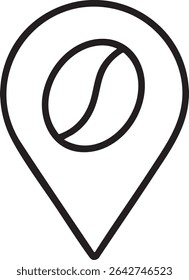 A minimalist black and white line art icon featuring a coffee bean inside a map pin, indicating coffee shop location.