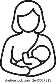 A minimalist black and white line art icon showing a mother breastfeeding her baby, emphasizing maternal care and nourishment.