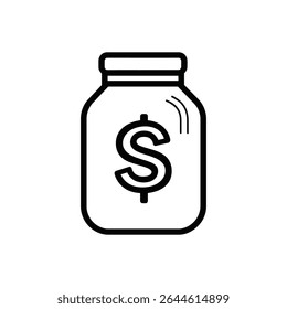 A minimalist black and white line art vector presents a jar displaying a dollar currency symbol at its center, emphasizing financial concepts within a storage container.