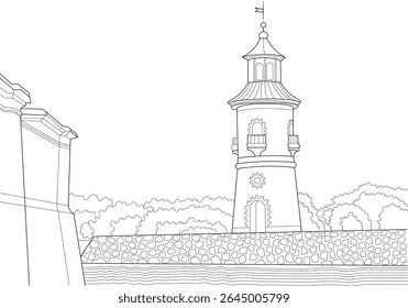 Minimalist black and white line art illustration of a classic coastal lighthouse tower structure on a stone base.