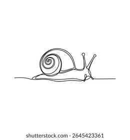 Minimalist black and white line art depicting a graceful snail on white background