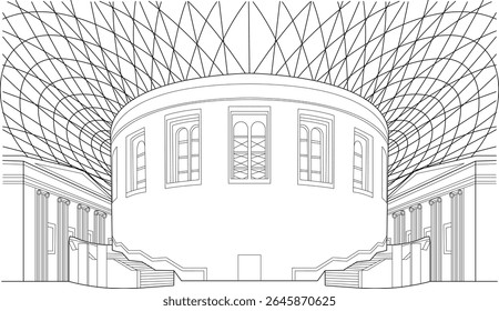 Arte minimalista em preto e branco que retrata o impressionante interior da Grande Corte do Museu Britânico em Londres.