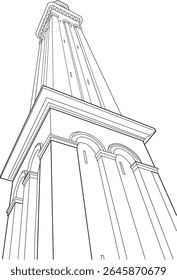 Ilustração minimalista da arte da linha preta e branca de uma torre histórica do Standpipe em Londres, estilo de desenho arquitetônico, gráfico vetor limpo e nítido para conceitos de monumentos urbanos