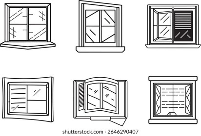 A minimalist black and white line art illustration of a modern window with geometric pane divisions, presented in a silhouette style.