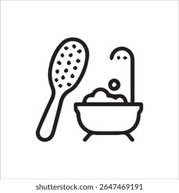 A minimalist black and white line art illustration featuring a grooming brush and a small bathtub with foam, symbolizing daily hygiene routines, self-care, and the comfort of a warm bath.