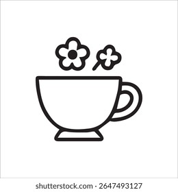A minimalist black and white line art icon depicting a cup with stylized flowers or steam rising, symbolizing fragrant tea, herbal infusion, or a cozy warm beverage. Ideal for relaxation.