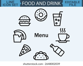 Minimalist Black and White Line Art Icons Featuring Croissant, Coffee Cup, Milk Bottle, and Cocktail Glass for Cafe and Bakery Design