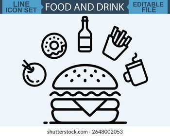 Minimalist Black and White Line Art Icons Featuring Croissant, Coffee Cup, Milk Bottle, and Cocktail Glass for Cafe and Bakery Design