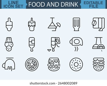 Minimalist Black and White Line Art Icons Featuring Croissant, Coffee Cup, Milk Bottle, and Cocktail Glass for Cafe and Bakery Design