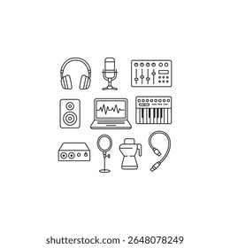 Minimalist black and white line art of 9 music studio tools: headphones, mic, mixer, monitor, laptop, keyboard, audio interface, pop filter, and cable. Perfect for audio-themed designs.