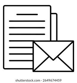 A minimalist black and white line art icon features a document with several horizontal lines representing text, positioned behind and slightly to the left of a closed envelope.