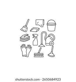 Um conjunto minimalista de arte de linha preta e branca de nove ferramentas de limpeza comuns, incluindo vassoura, esfregão, vácuo e muito mais. Ideal para ícones, infográficos ou projetos domésticos.