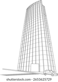 Minimalist black and white line art illustration of a sleek modern skyscraper with a classic car parked in front, symbolizing urban life, architecture, and contemporary design in a city like Paris.