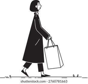 Minimalist black and white line art illustration of a stylish woman walking and carrying a shopping bag