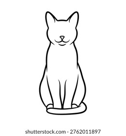 A minimalist black and white line art illustration of a cat sitting upright, facing forward. This stylized feline features clean, simple outlines, showcasing elegant posture. The face is blank, offering versatile abstract design.