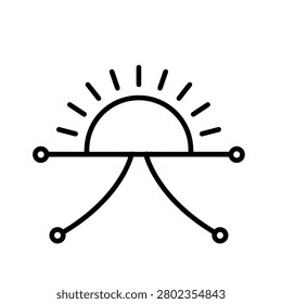 A minimalist black and white line art icon representing a stylized sunrise or sunset with geometric circuit-like connection points.