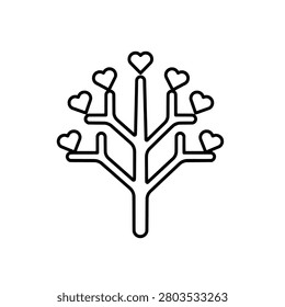 A minimalist black and white line art illustration of a tree featuring heart-shaped leaves on its branches, symbolizing love, nature, and growth.