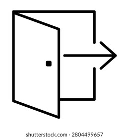 A minimalist black and white line art icon showing an open door with an arrow pointing outwards, representing an exit or departure.