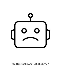 A minimalist black and white line art icon depicting a sad robot face with an antenna.