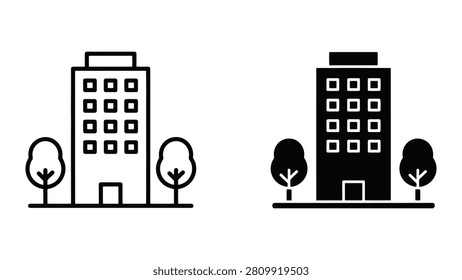 Minimalist black and white line art illustration of two modern apartment buildings surrounded by trees in an urban setting.
