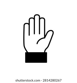 A minimalist black and white line art icon representing a human hand gesture or a stop sign symbol.