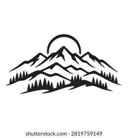 A minimalist black and white line art illustration featuring a majestic mountain range with a rising sun and a dense pine forest in the foreground, isolated on white.