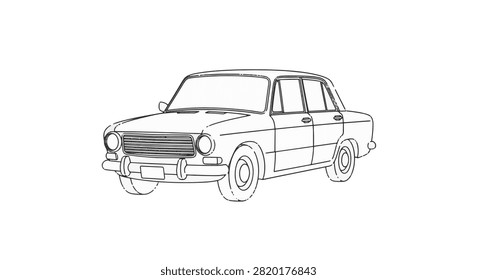 Minimalist black and white line art illustration of a vintage four-door sedan car, isolated on a white background, featuring classic circular headlights and a retro chrome bumper.