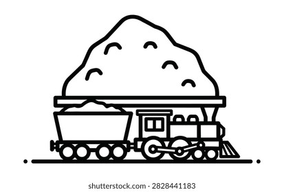 A minimalist black and white line art illustration showcasing a traditional steam locomotive pulling a tender car and a freight car laden with a substantial pile of coal or ore