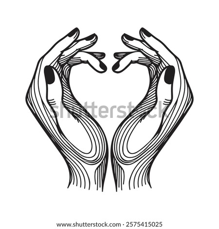 Minimalist black and white line art illustration of two hands forming a heart shape, symbolizing love, unity, and connection.